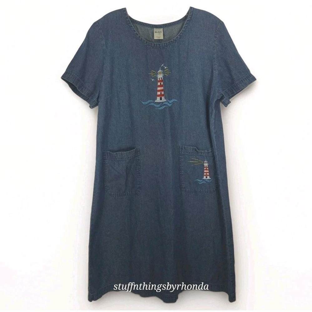 Vtg Blair Nautical Lighthouses Dress Size Large Blue Denim Pockets Short Sleeve
